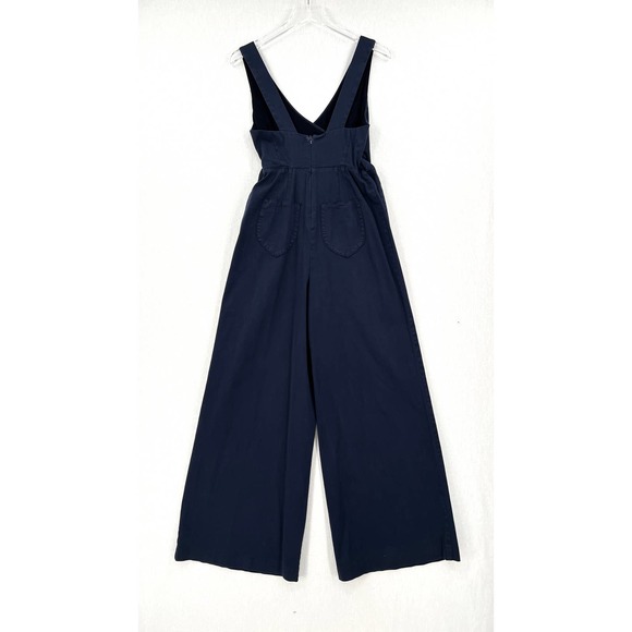 ANTHROPOLOGIE CHINO Jumpsuit Womens 2 Navy Blue Wrap Sleeveless Wide Leg Pockets - Picture 3 of 16